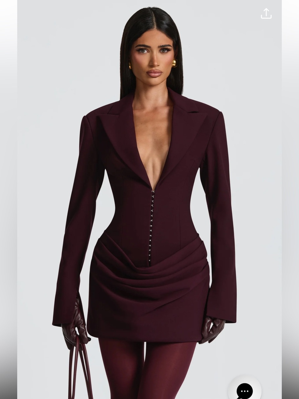Tailored Deep Plum Long-Sleeve Plunge Mini Dress